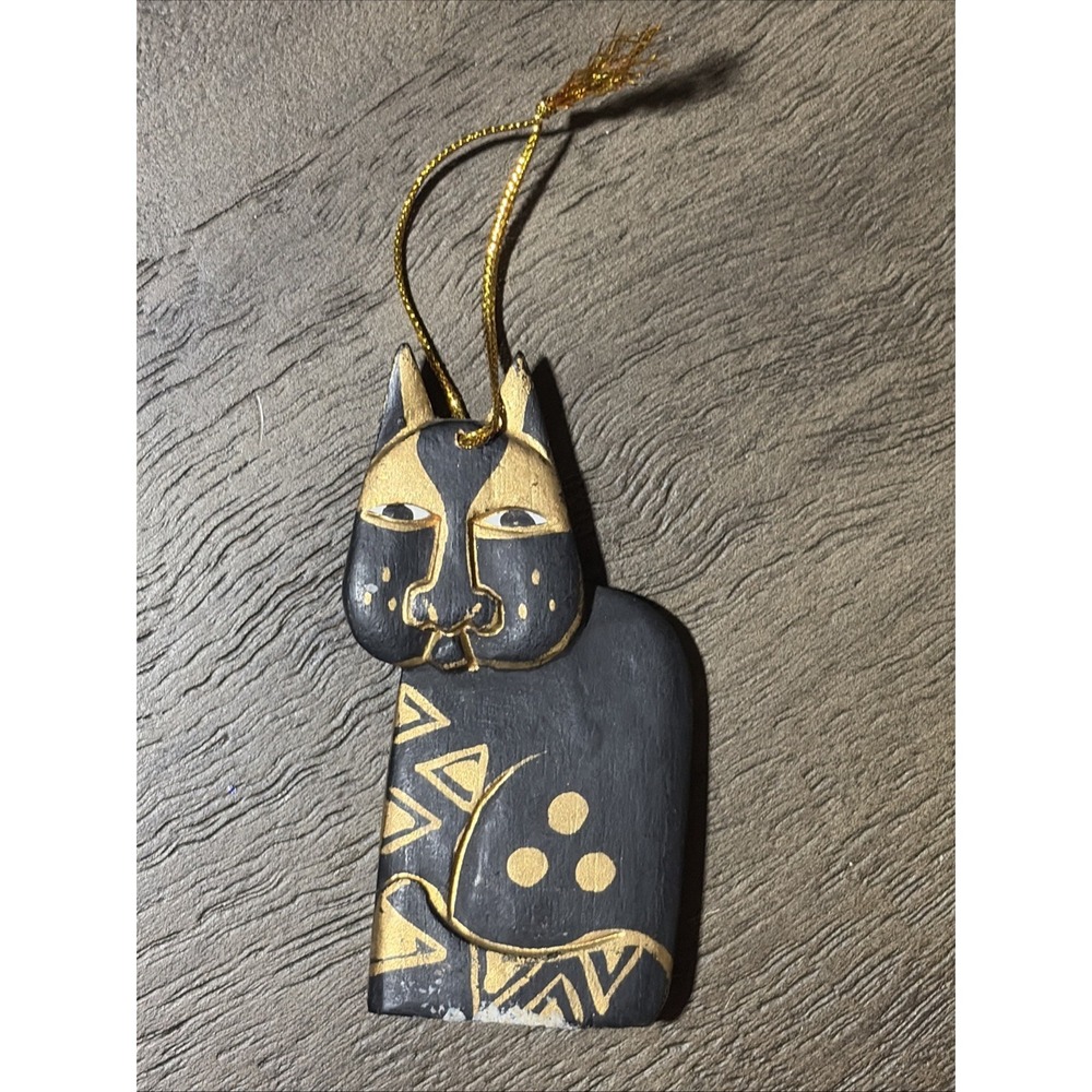 Vtg Handcarved Handpainted Wooden Egyptian Cat Ornament Black Gold 3.5"